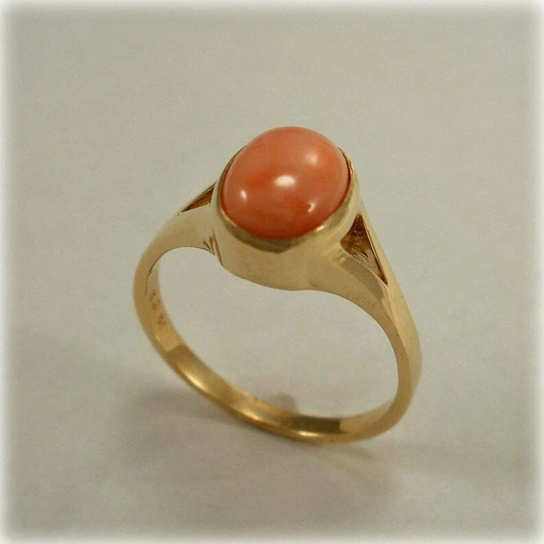 Anillo enchapado en oro de 5,35 quilates de coral rosa para hombre/mujer, anillo hecho a mano de plata de ley 925 Foto 2 de 4