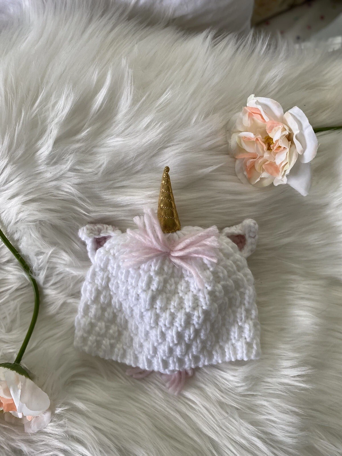 Baby OSFM White Unicorn Gold Horn Pink Mane Beanie Hat Knitted Costume Cute EUC