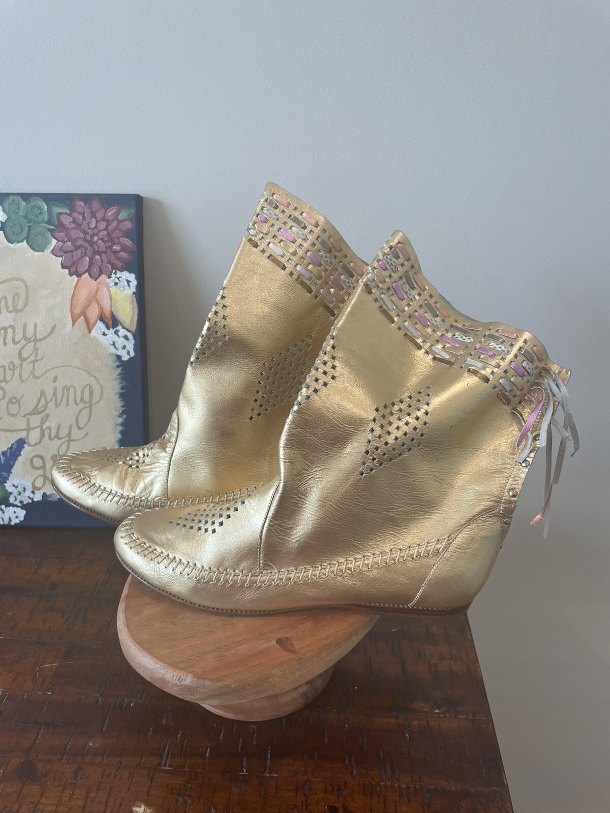 PANTOFOLA D’ORO Mocassini vintage anni 80 compulsione abito pelle frange oro taglia 7 5M Brasile