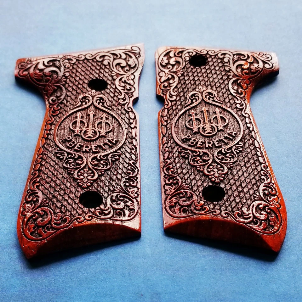 Beretta 92 92FS 96 custom 3d engraved exotic padauk wood grips Trident Checkered - Image 3 of 4
