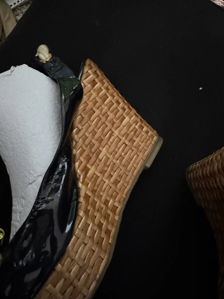 Alpargata de mimbre de charol azul TORY BURCH cuerda con cordones tacón de cuña 9 Foto 3 de 4