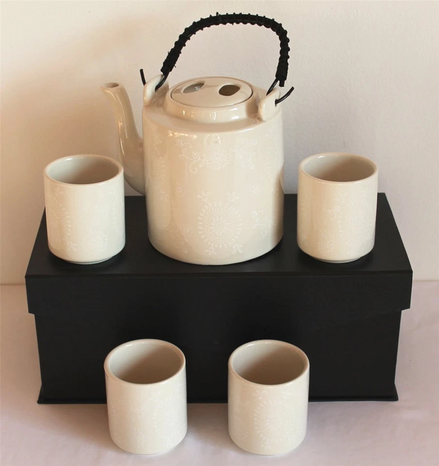 070 Teeset 5 tlg Keramik creme beige weiß Tee Service Pott Kaffee Elegant - Bild 2 von 4