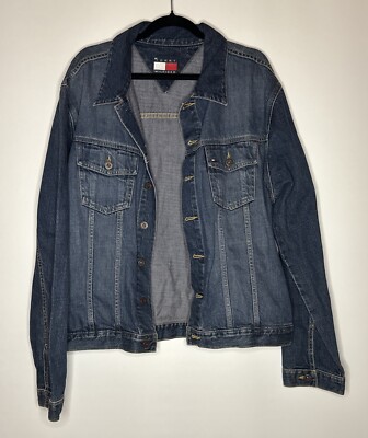 Vintage Tommy Hilfiger Jean Jacket Size Large Y2K Denim Blue Crest Logo  CLEAN!