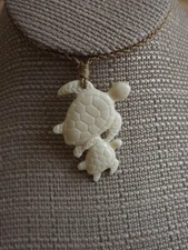 Hawaiian Buffalo Bone Turtle Pendant Necklace Choker - Mother Turtle & Child