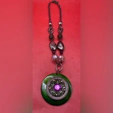 Women’s Necklace Green Pendant Purple Stone Chunky 18” Statement 