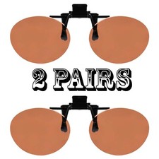 2 Pairs Amber Round Oval Lens Clip On Flip Up Driving Outdoor Sunglasses