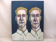 Contemporary Twins Male Portrait Painting, Original Wall Art Gemini, Modern