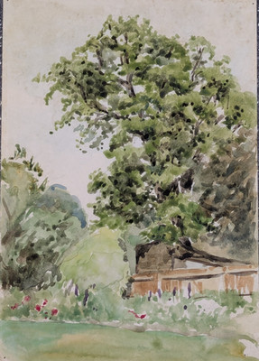 40er Jahre Original kleines Aquarell Gemälde ländlicher Landschaft unsigniert