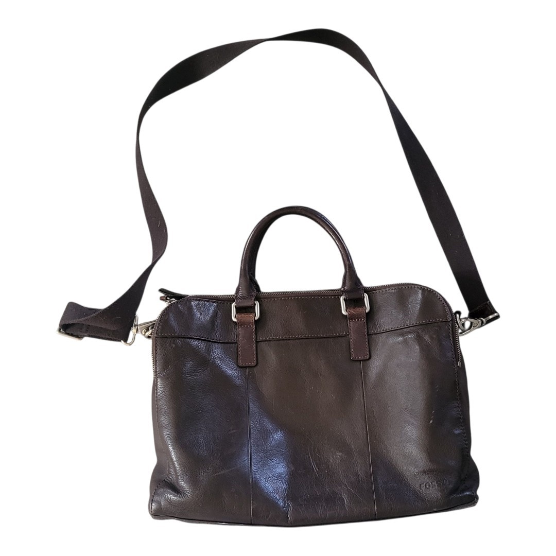 Vintage Fossil Mercer Dark Brown Leather Double Zip Work Messenger Bag