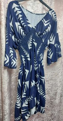 New Navy Blue Aztec Print Shirred Waist Summer Dress One Size 14-16-18-20