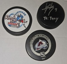 Official Hockey Pucks Lot of 3 Misc  W/Avalanche,Rink Rat,Unknown Autograph Used