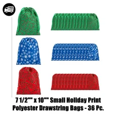 "7 1/2"" x 10"" Small Holiday Print Polyester Drawstring Bags - 36 Pc. "