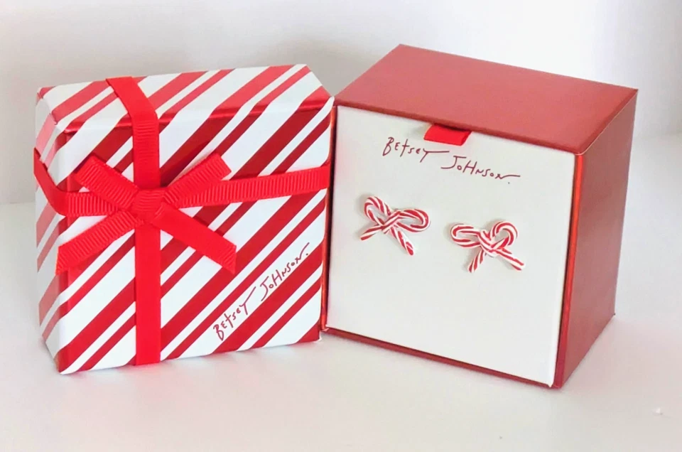 Aretes Betsey Johnson SANTA BABY Rojo y Blanco Bastón de Caramelo Arco en Caja de Regalo Foto 3 de 3