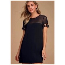 Lulus Shift Dress Womens Small Black Mesh Yoke Tassel Trim Boho Chic Mini
