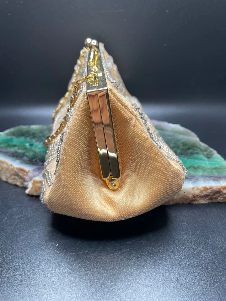Vtg Valerie Stevens Silver Beaded Small Evening Bag Clutch Gold Chain Strap Tan - Image 4 of 4