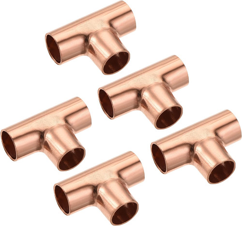 5 Pack 3 Way Welding Joint 3/8 ID Tee Copper Fitting for HVAC Air Conditioner