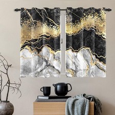 Blackout Curtains Black Grey Gold Marble Window Drapes Fluid Gold Foil Gothic...