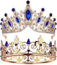 2 Pcs King and Queen Crowns Set King Crowns for Men Royal Crown with Blue Rhines