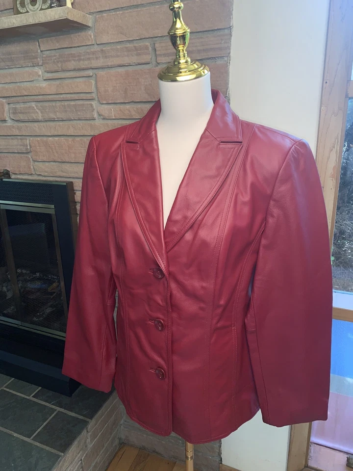 Chaqueta Blazer Mujer Vintage East 5TH Cuero Borgoña 3 Botones Mediana Foto 2 de 4