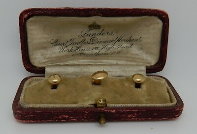 Antique English Hallmarked 9 CT Gold 3 Stud Set in Original Box Sanders London