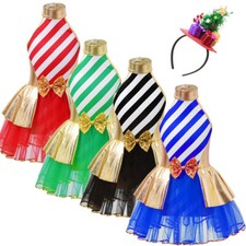 Girls Christmas Bow Sequins Dance Tutu Dress with Hair Hoop Xmas Festive Suit