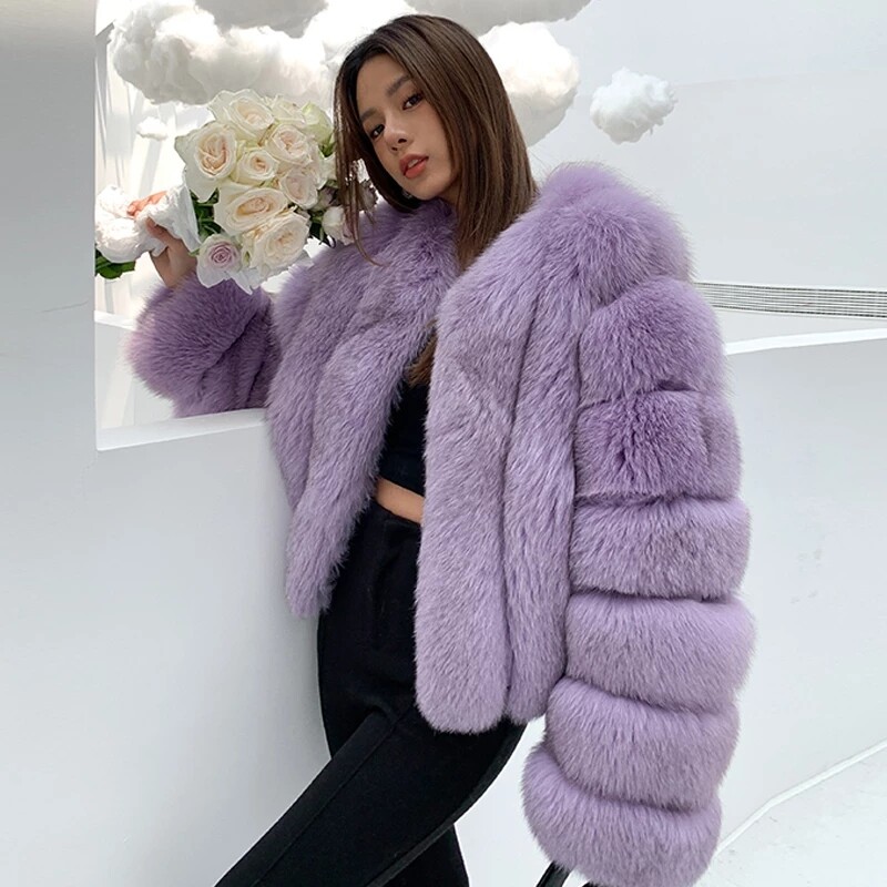 Women Full Pelt Jacket Thick Outerwear Winter Purple Natural Real