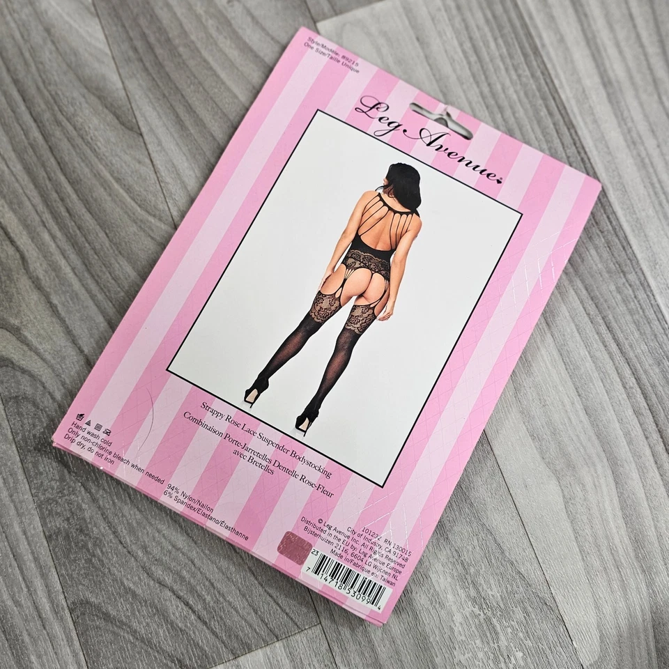 Leg Avenue Black Strappy Rose Lace Suspender Bodystocking, One Size - Image 2 of 3