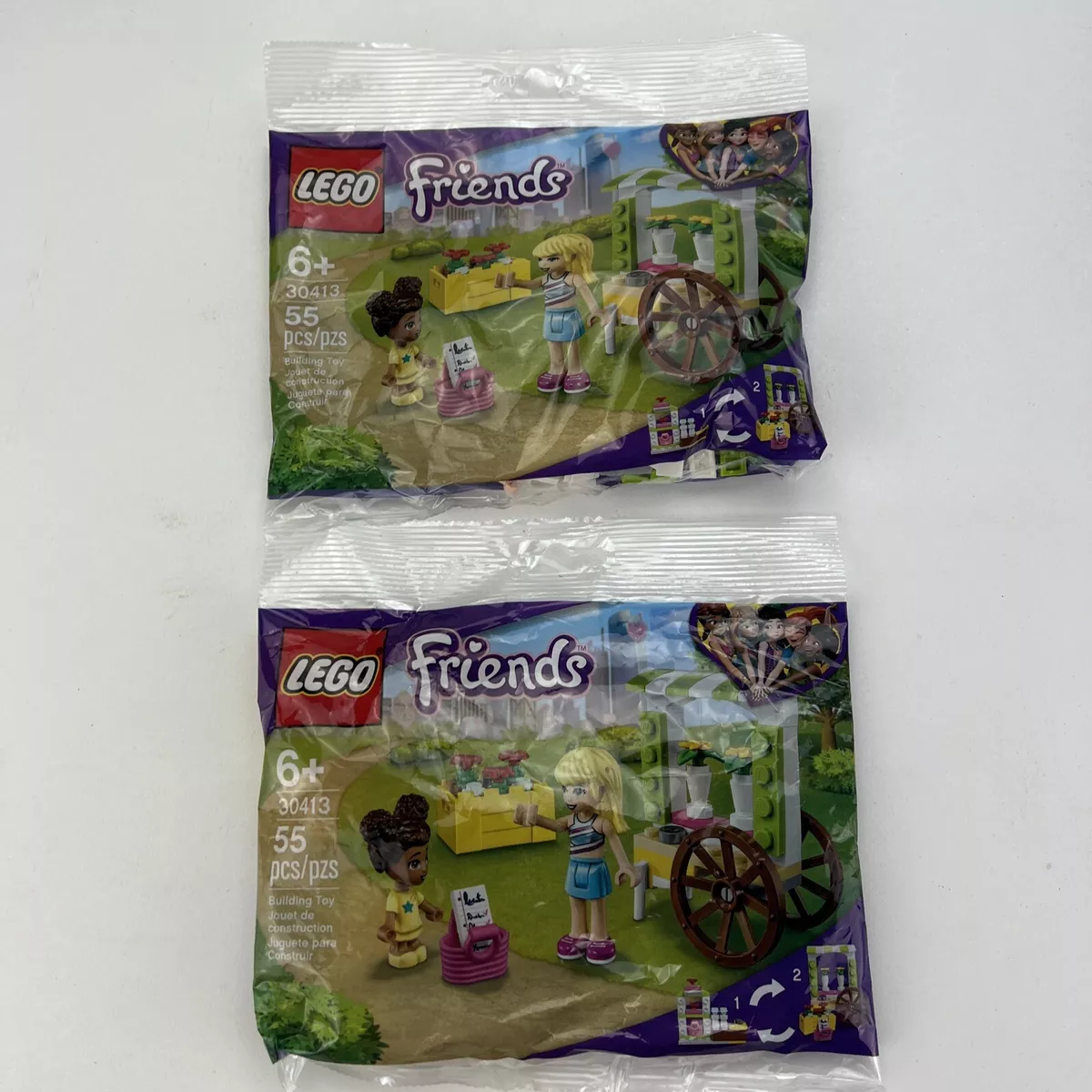 2 X Lot LEGO 30413 Friends Flower Cart Stephanie Liz Dolls 55 Pieces NEW