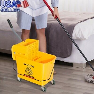 5.28 Gallon Side Press Mop Bucket Ideal for Public Places Floor Yellow, US Stock Household Portable Mop Bucket with Wringer and Wheels Commercial Mop Buckets