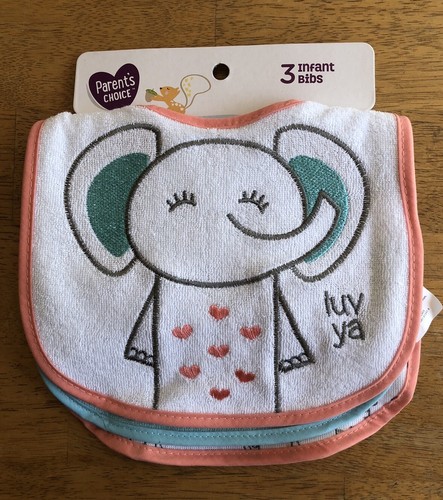Terry Cloth Girl Infant Bibs 3-Pack Set Parent's Choice Elephant Tigers Luv Ya - Picture 2 of 5