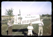 sl77 Original slide 1950's young boys gas station banner sign 543a