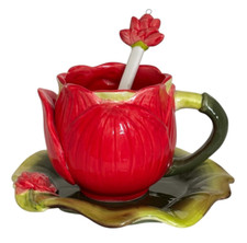 Corner Ruby Botanical Collection Red Flower Cup with Leaf Saucer & Flower Spoon
