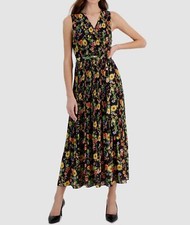 T Tahari Women's Black Floral Pleated V-Neck Sleeveless Self-Tie Dress Size M