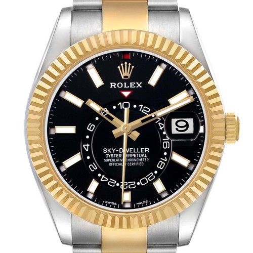 Rolex Sky Dweller Steel Yellow Gold Black Dial Mens Watch 326933 Box Card