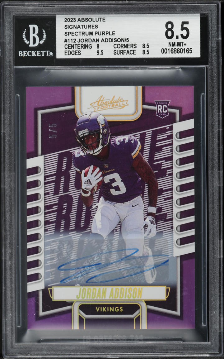2023 Panini Absolute #112 Jordan Addison 5/5 Auto RC Spectrum Purple BGS 8.5