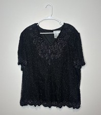 Papell Boutique Evening Silk Floral Beaded Black Women  s Top Size XL Vintage