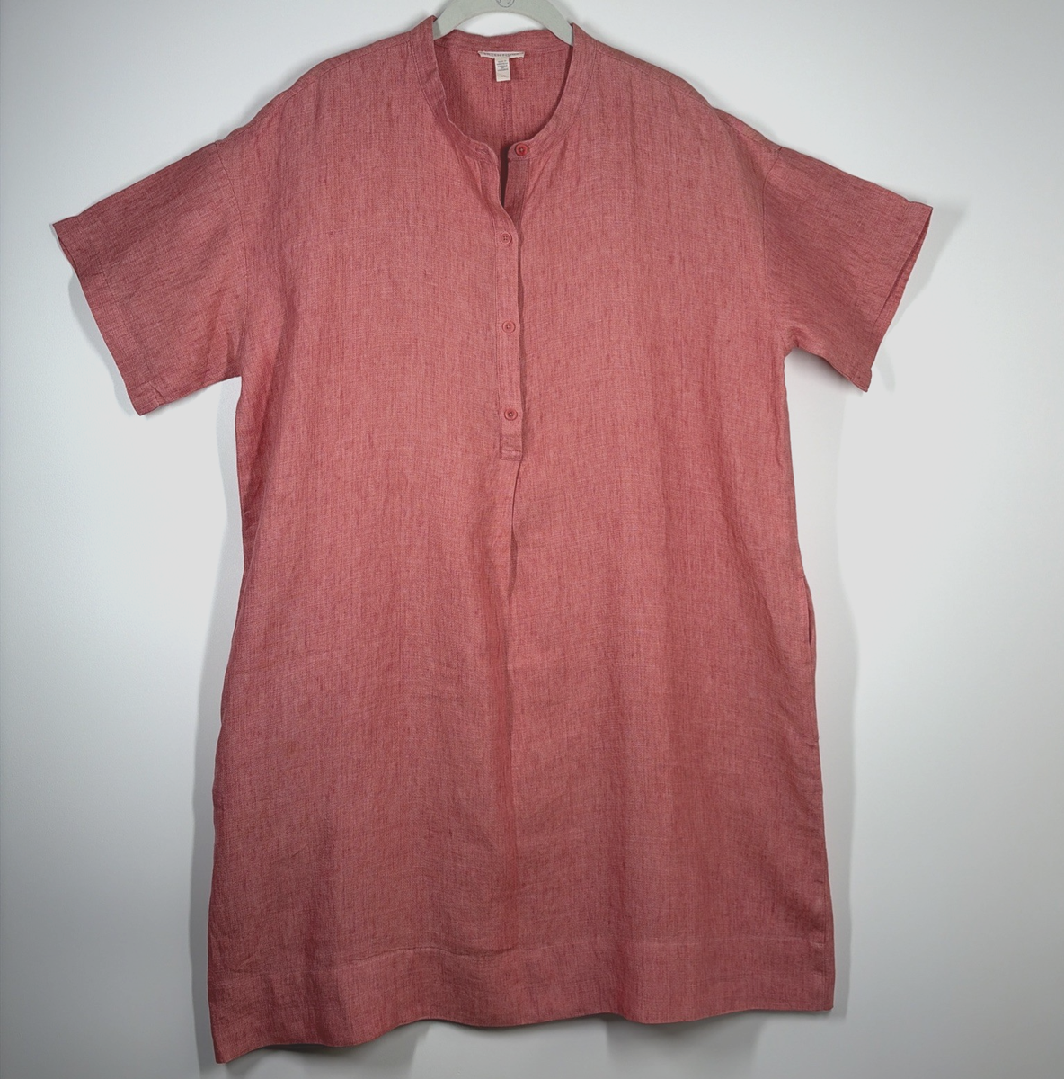 Eileen Fisher Delave Shirtdress Washed Organic Linen Popover Band Collar  Pink L