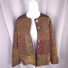 Patchwork Tapestry Jacket Womens Large Brown Red Boho Artsy Lined Buttons