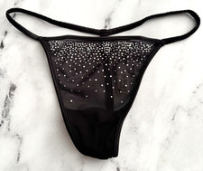 PINK Victoria's Secret V String Panty Black Diamante Shine Bling