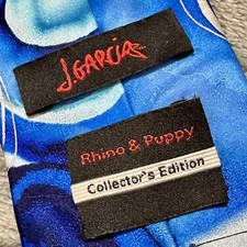VTG J. GARCIA Rhino  Puppy Tie Mens Blue Silk Abstract Art Collectors Ed Y2K