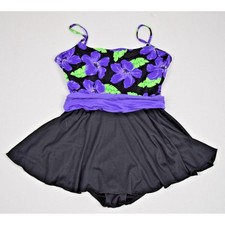 Vintage Swimsuit Size 14 S/M 80s Bright Iris Purple Green Black Skirt Stretchy