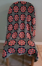 Vintage Crochet Blanket Granny Square 49" X 41" Gray Coral Dark Blue EXCELLENT