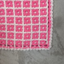 Crochet Pink  White Baby Blanket With Grid Design Handmade Soft Acrylic 32x27.5