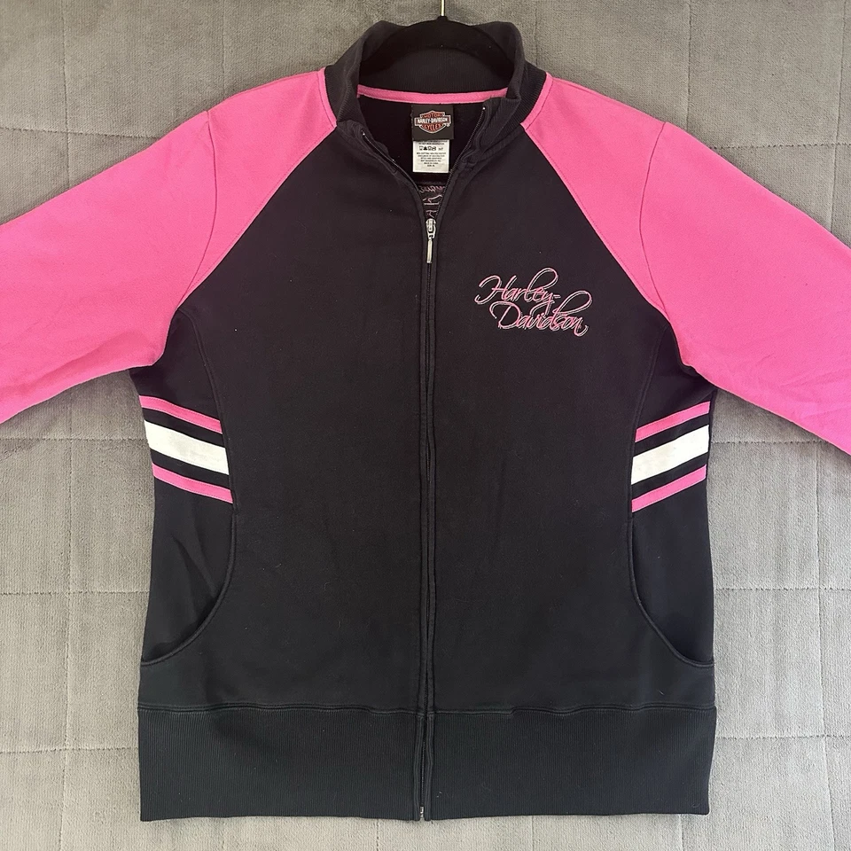 Chaqueta Harley Davidson para mujer negra rosa cremallera completa talla XL motociclista bordada Foto 2 de 4