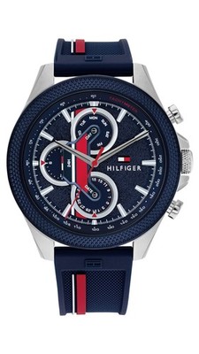 Tommy Hilfiger 1792083 Men's Silver Case Blue Rubber Band Blue Dial Watch 46mm