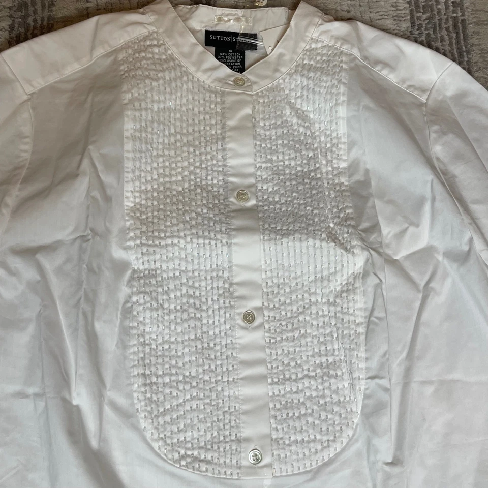 Camisa para mujer Sutton Studio blanca con cuentas cuello borla abotonada talla 14 nueva con etiquetas Foto 3 de 4