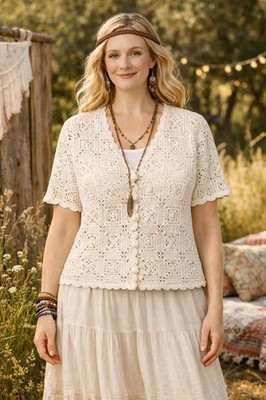 Laura Scott Women's Ivory Crochet Short Sleeve Sweater Size L CottageCore Boho