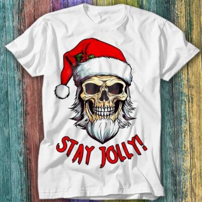 T-Shirt Christmas Biker Stay Jolly Santa Schädel Weihnachten Bart Hut Secret Top 388