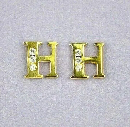 Solid 14k Yellow Gold Initial Letters Stud Earrings w/ Sparkling White CZ Stones - Picture 9 of 27
