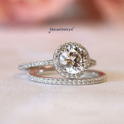 Moissanite Twig  Bridal Set Engagement Ring 14K White Gold Round Cut 2.50 Carat